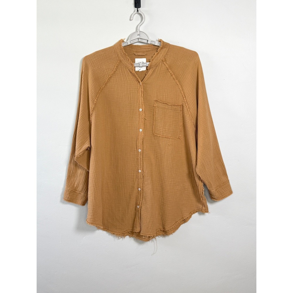 Aerie Button Down Shirt Women L Tan Earthy Boho Casual Oversized Gauze